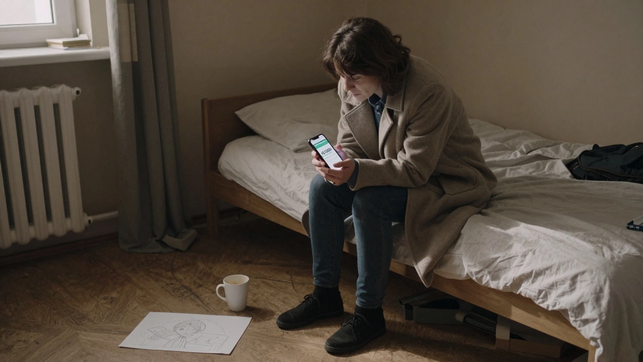 A woman in a small apartment staring at a bank notification on her phone, a child’s drawing on the floor nearby.