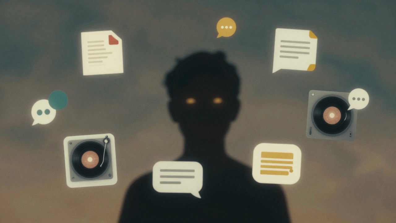 Digital icons orbiting a silhouette, representing voice notes, guides, and private messages as symbols of emotional connection.