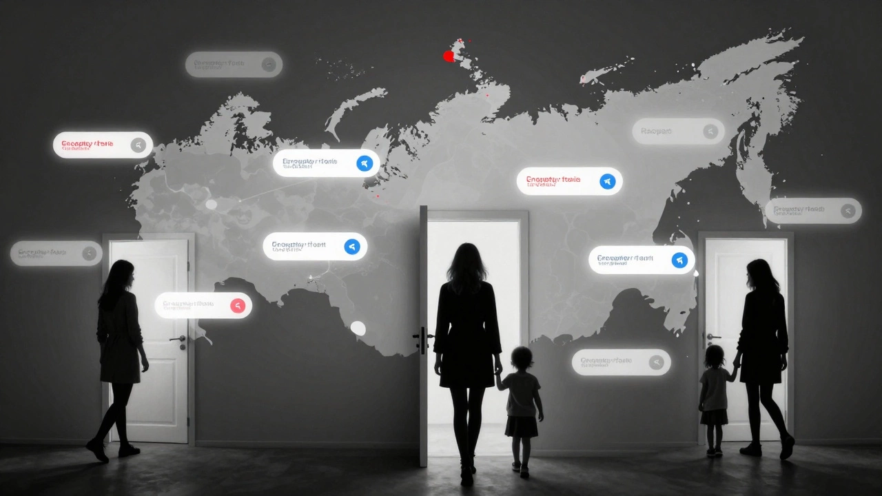Ghostly encrypted messages hovering over a map of Russia, with silhouettes of women walking away from doors.