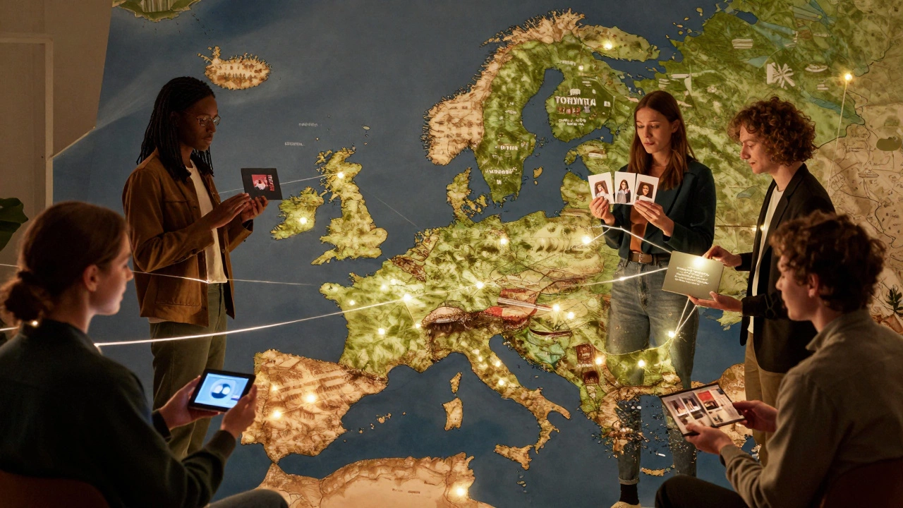Performers across cities connected by glowing threads, each holding a unique digital product on a map background.